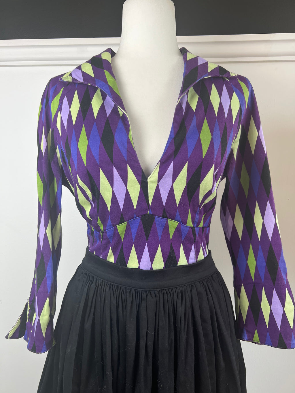 Pinup Couture Harlequin Top in Purple and Green | Pre-loved 🦄 size Large