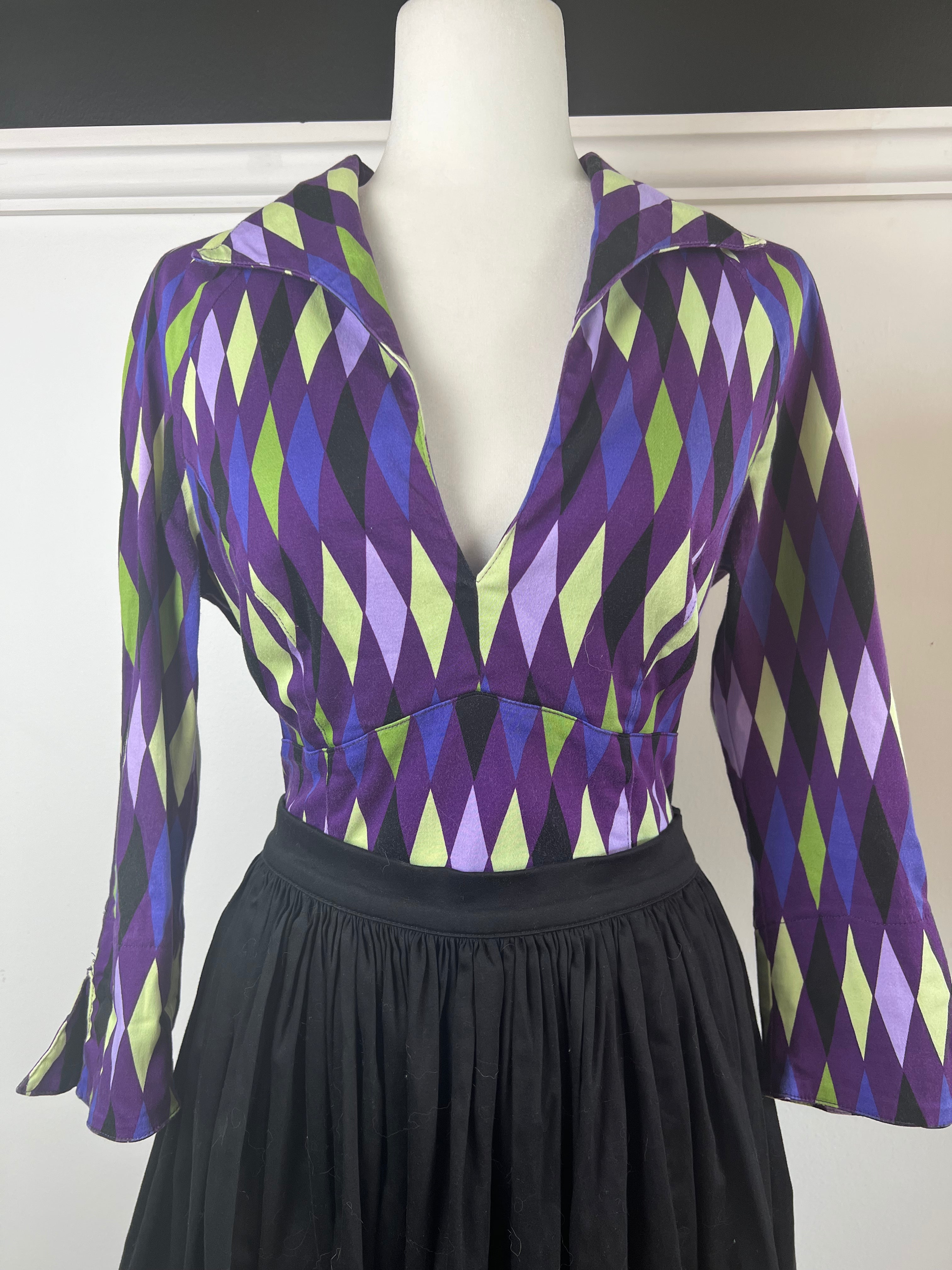 Pinup Couture Harlequin Top in Purple and Green | Pre-loved 🦄 size Large