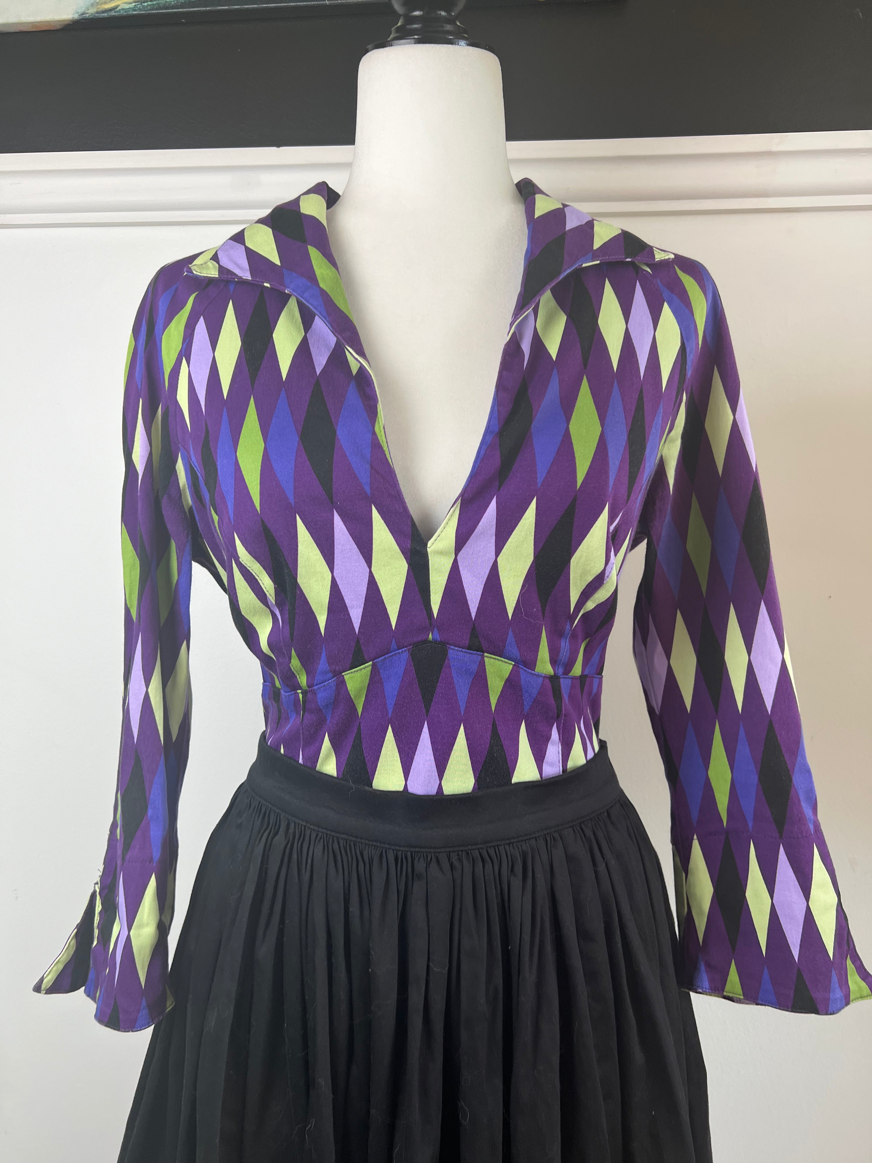 Pinup Couture Harlequin Top in Purple and Green | Pre-loved 🦄 size Large