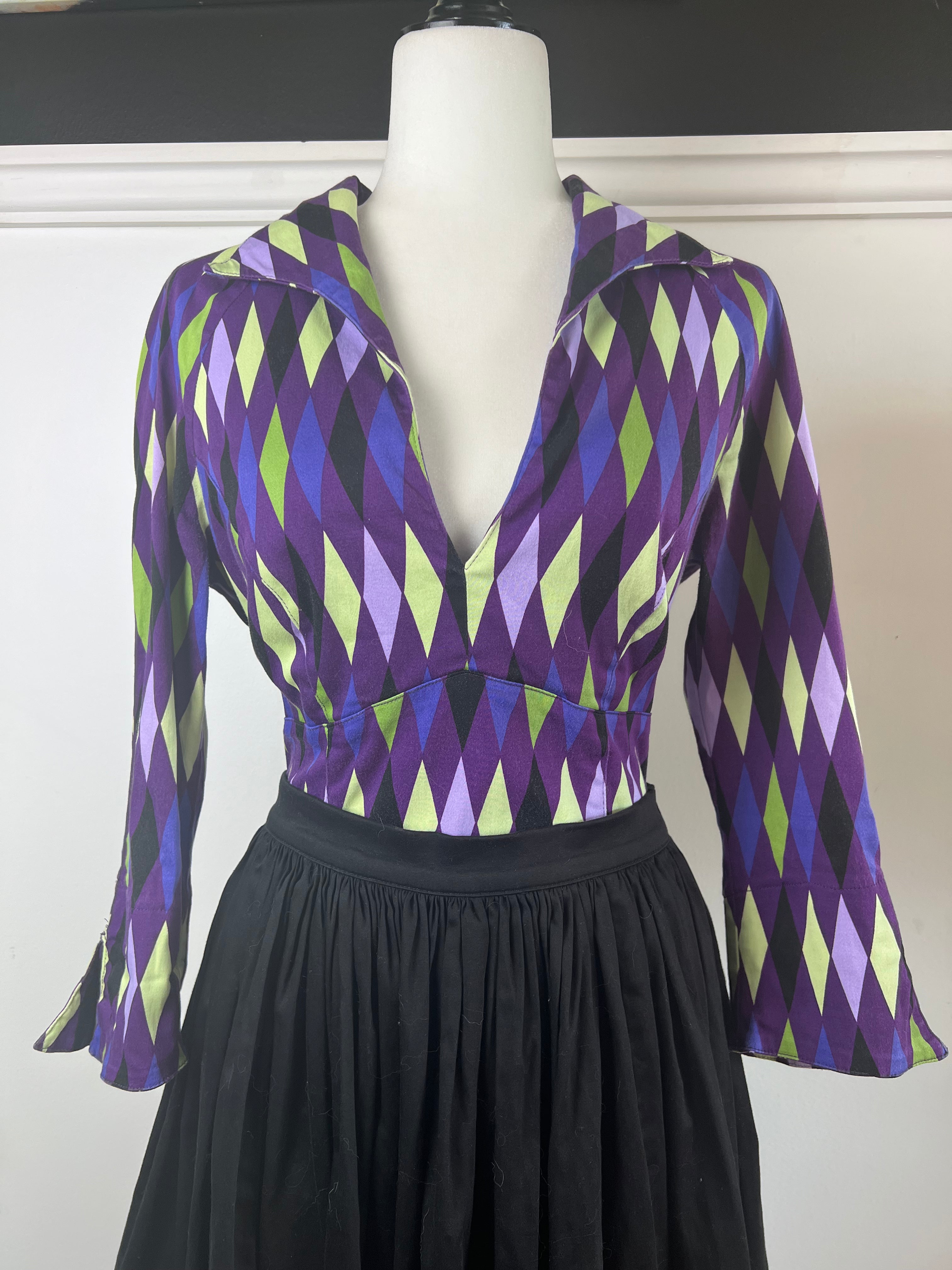 Pinup Couture Harlequin Top in Purple and Green | Pre-loved 🦄 size Large